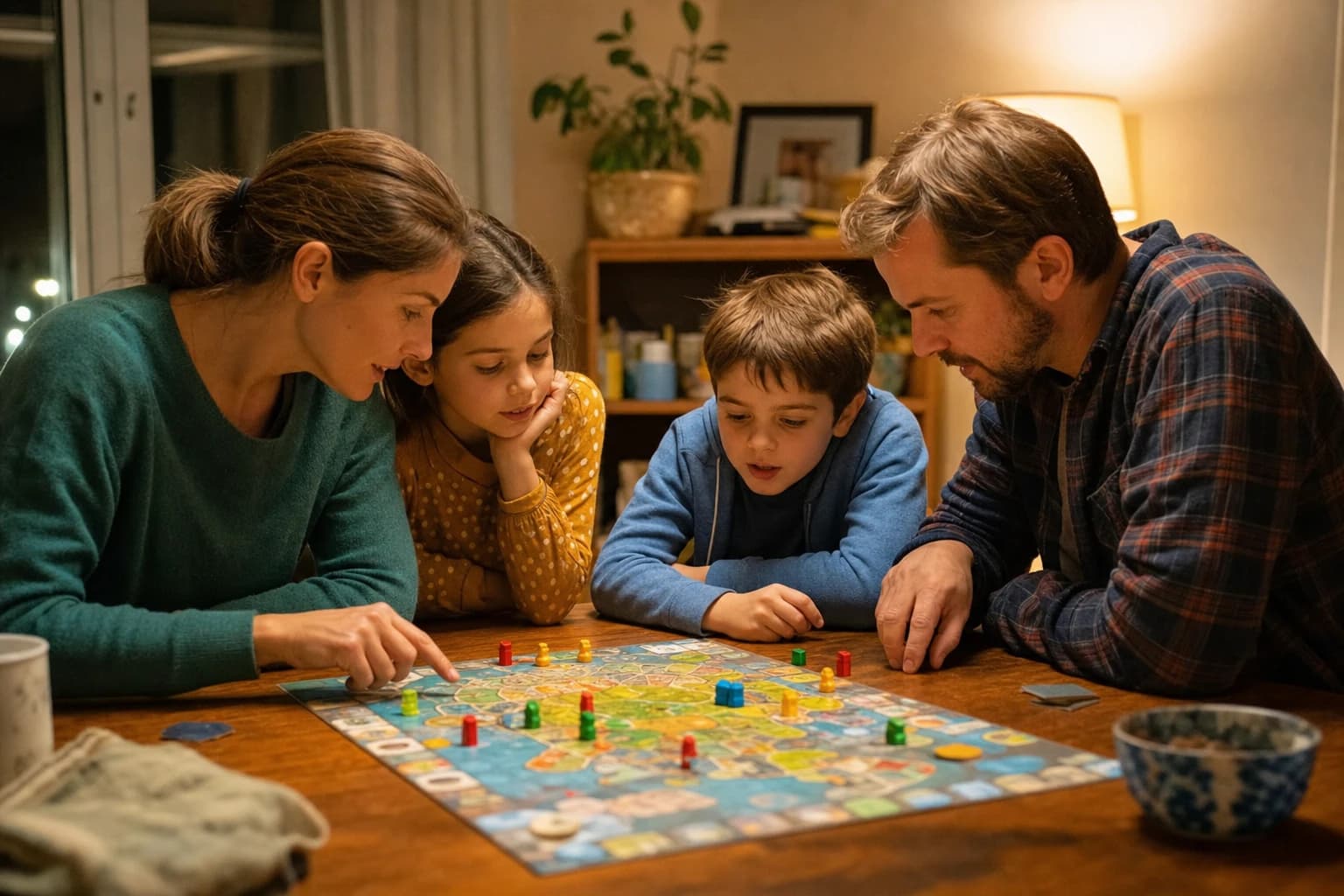 Family playing a cooperative board game together at a dining table