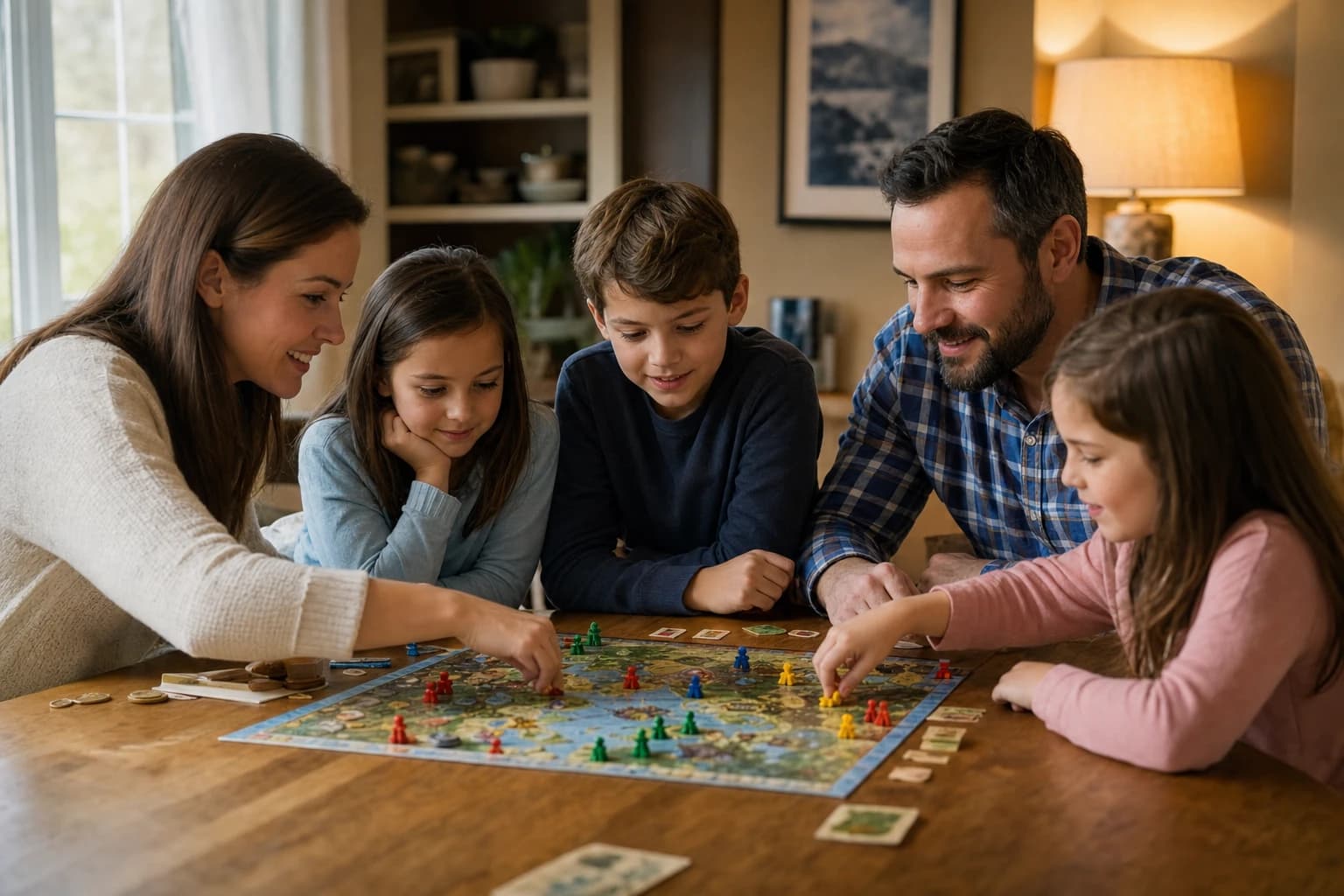 Family playing a cooperative board game together at a dining table