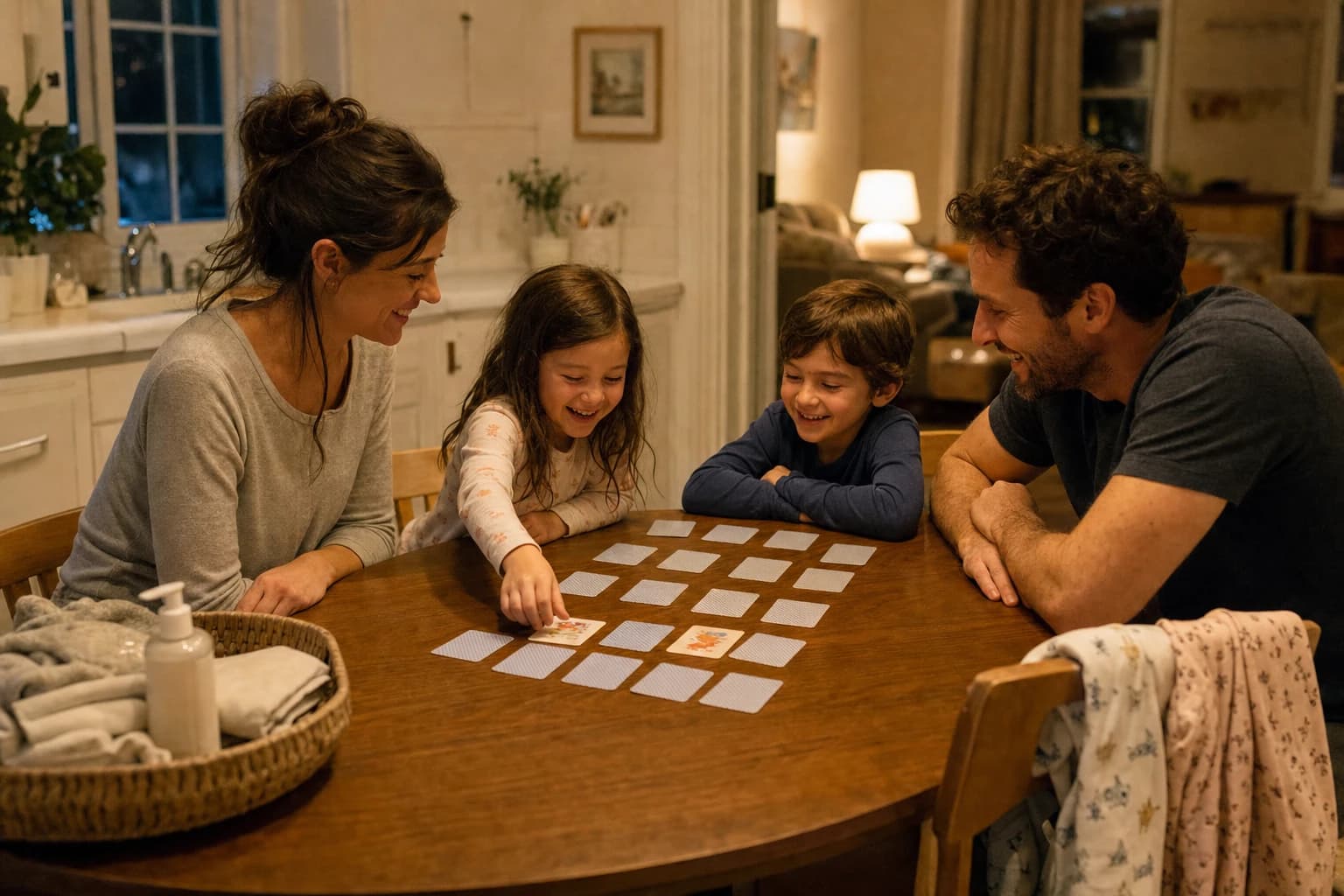 Family playing a quick card game at a kitchen table before bedtime