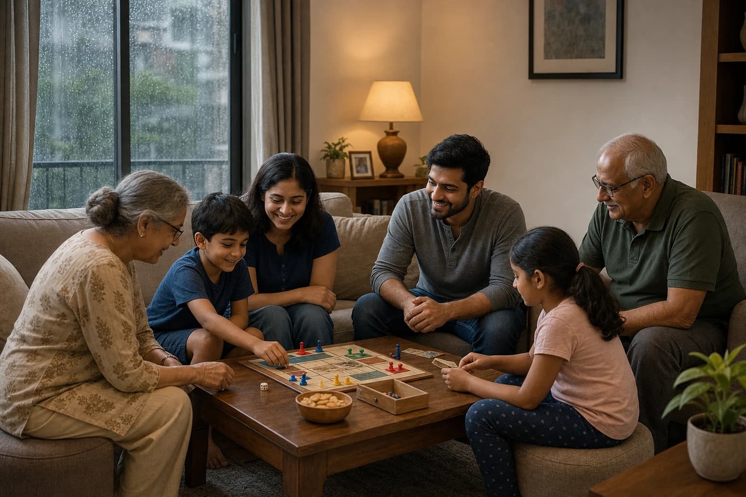 Family playing quiet indoor games together in a small living room on a rainy day