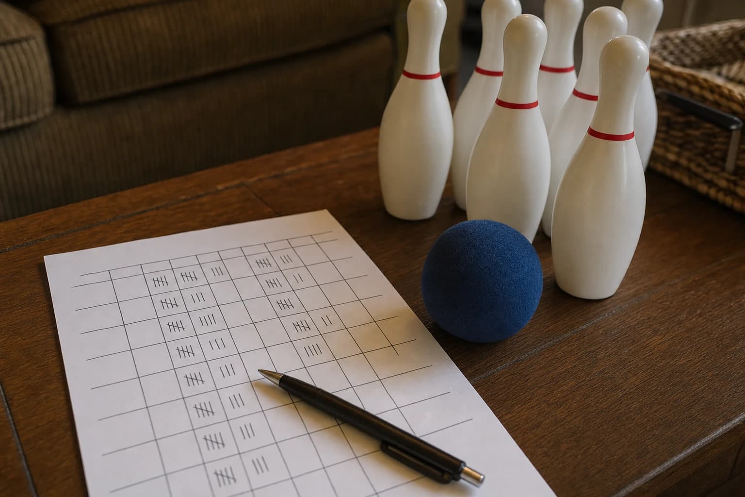 Family score sheet for a DIY indoor bowling game with simple age-based scoring