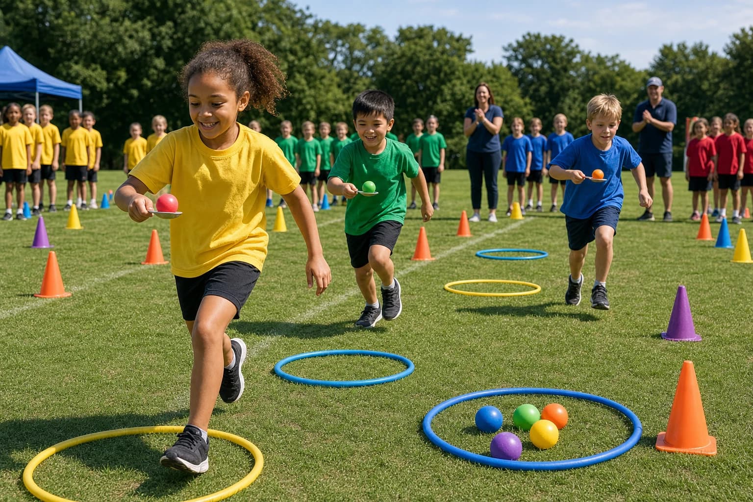 Field Day Relay Race Ideas Using Cones, Spoons, Balls, and Hula Hoops