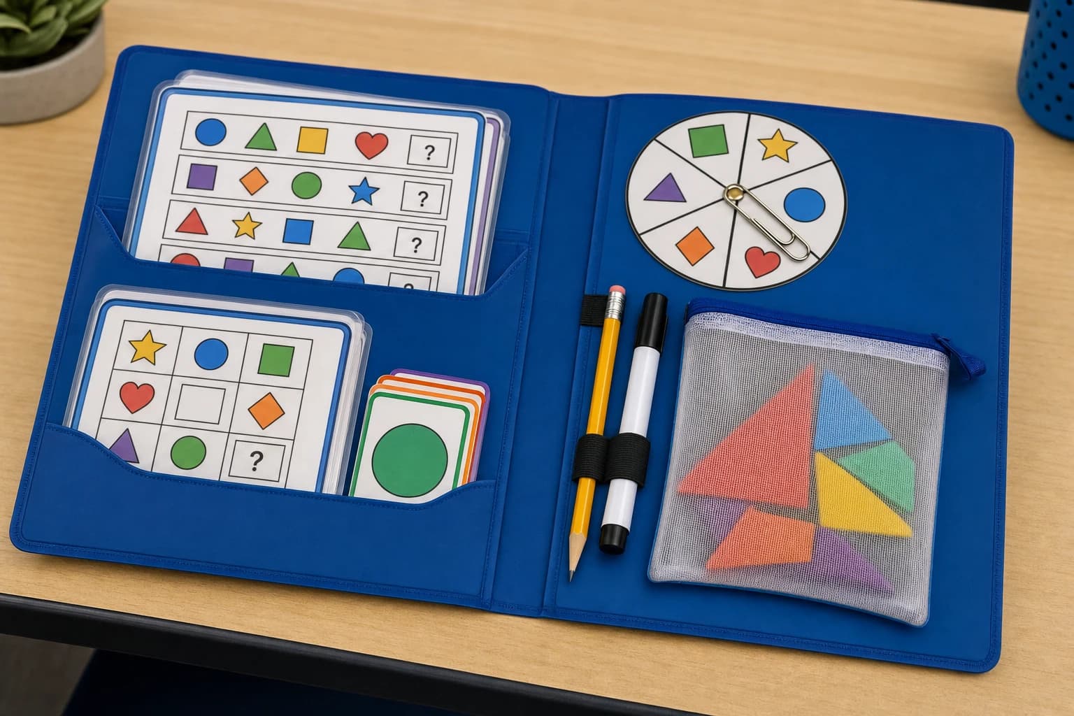 Folder of laminated quiet desk game cards with pencil, paper clip spinner, and dry erase marker