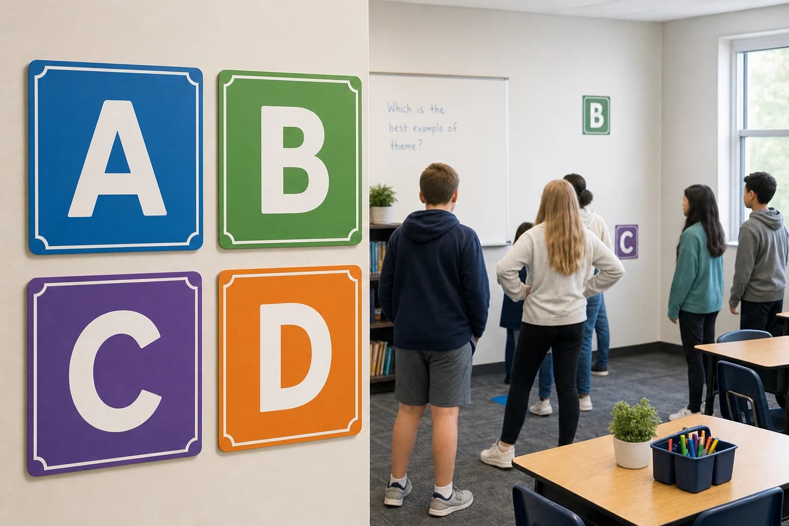 Four classroom corner signs showing A B C and D for a review game