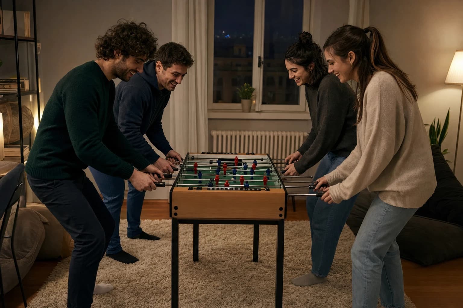 Friends playing a compact foosball table in an apartment with a rug under the table