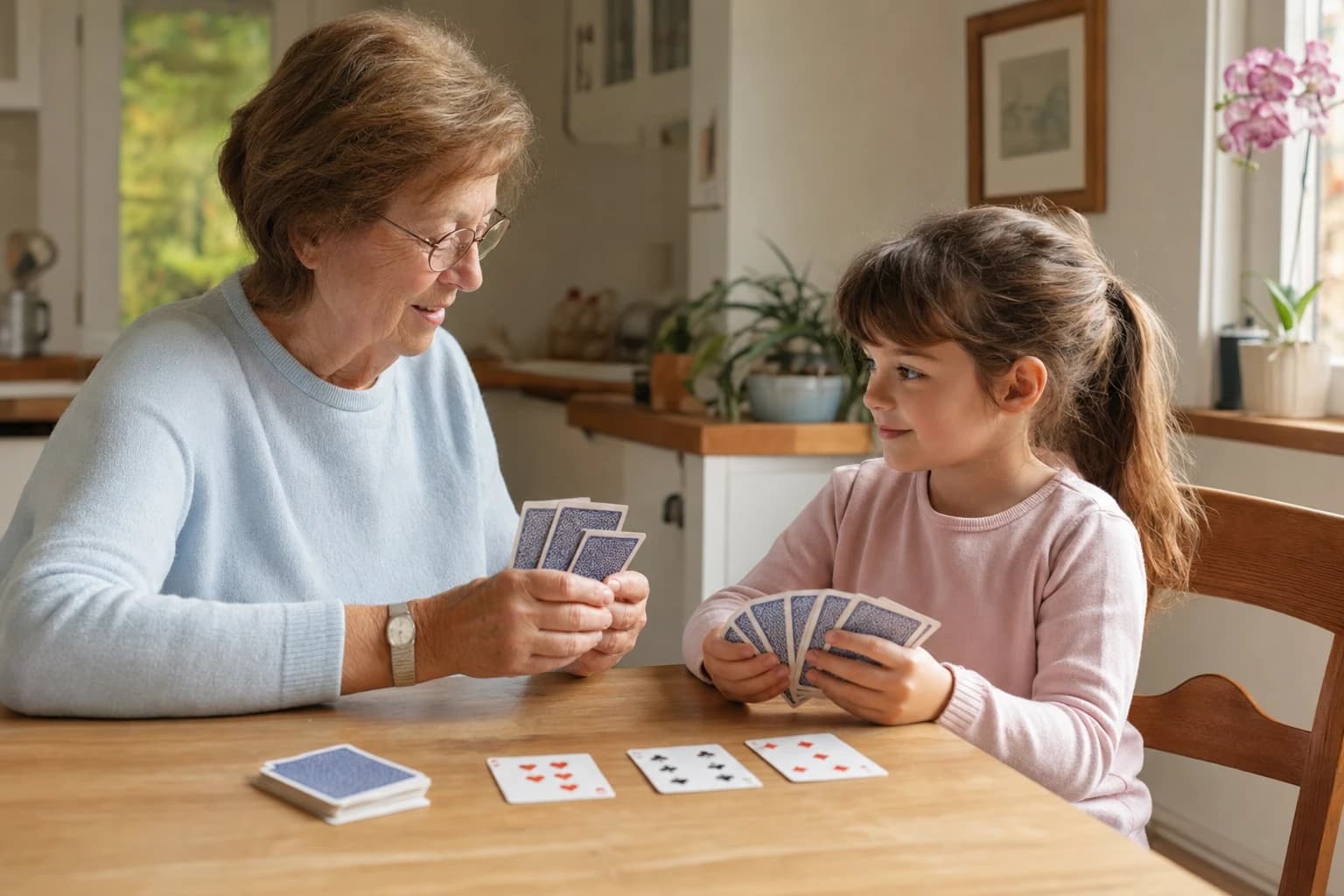 Grandparent and child playing cards together at a kitchen table