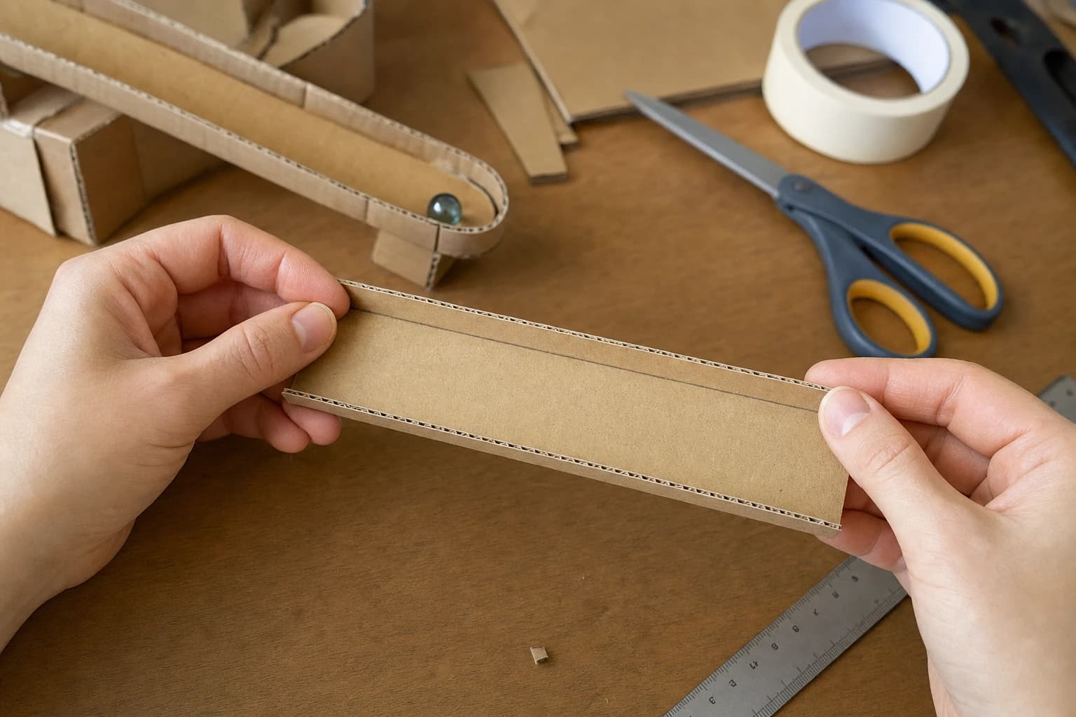 Hands folding small side rails on a cardboard strip before taping it to a marble run base