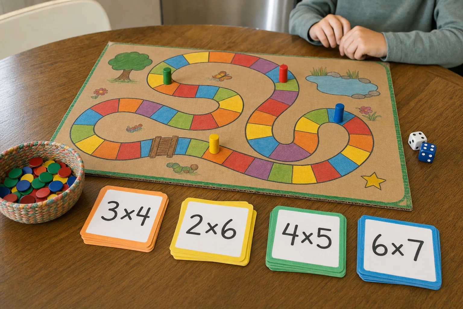 Homemade multiplication board game with cards, dice, tokens, and colorful spaces on a table