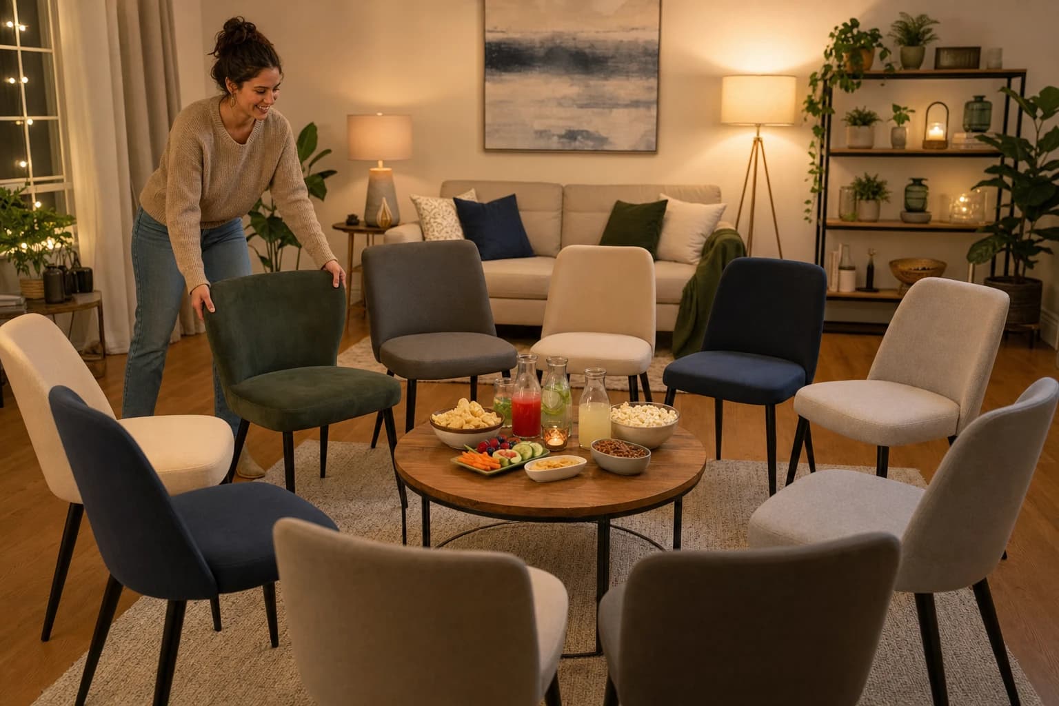 Host arranging chairs in a circle for an indoor adult party game night
