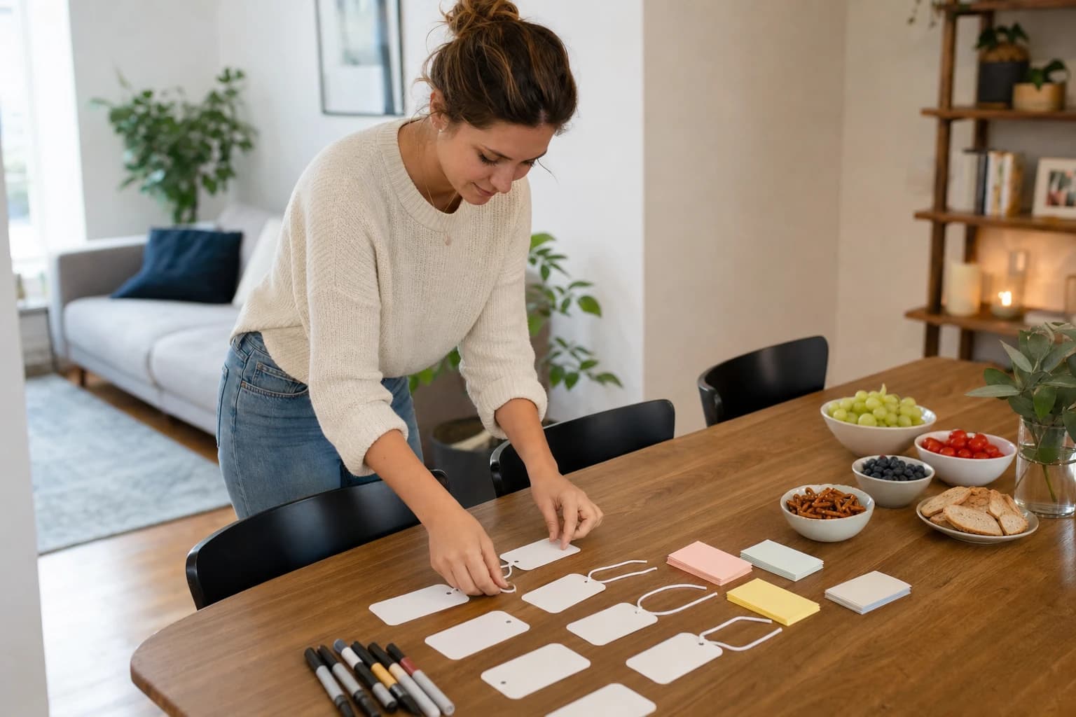 Host arranging name tags and simple question cards before adult guests arrive