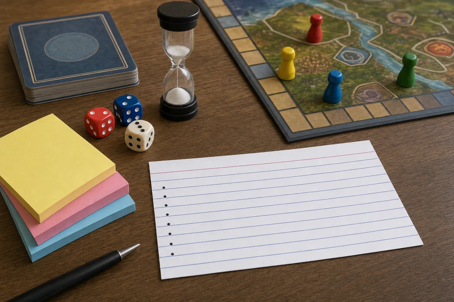 Index card with simple house rules beside dice, cards, and board game pieces