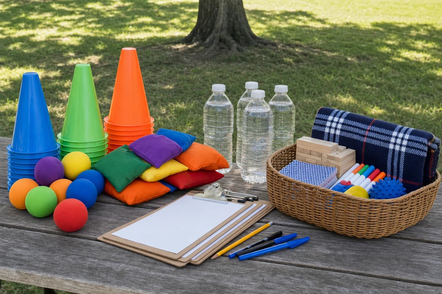 Kids outdoor party supplies with cones, soft balls, water bottles, and a rain backup game basket