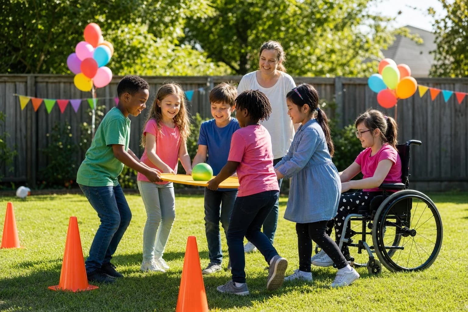 Kids playing a cooperative party game with cones balloons and an adult guiding the activity