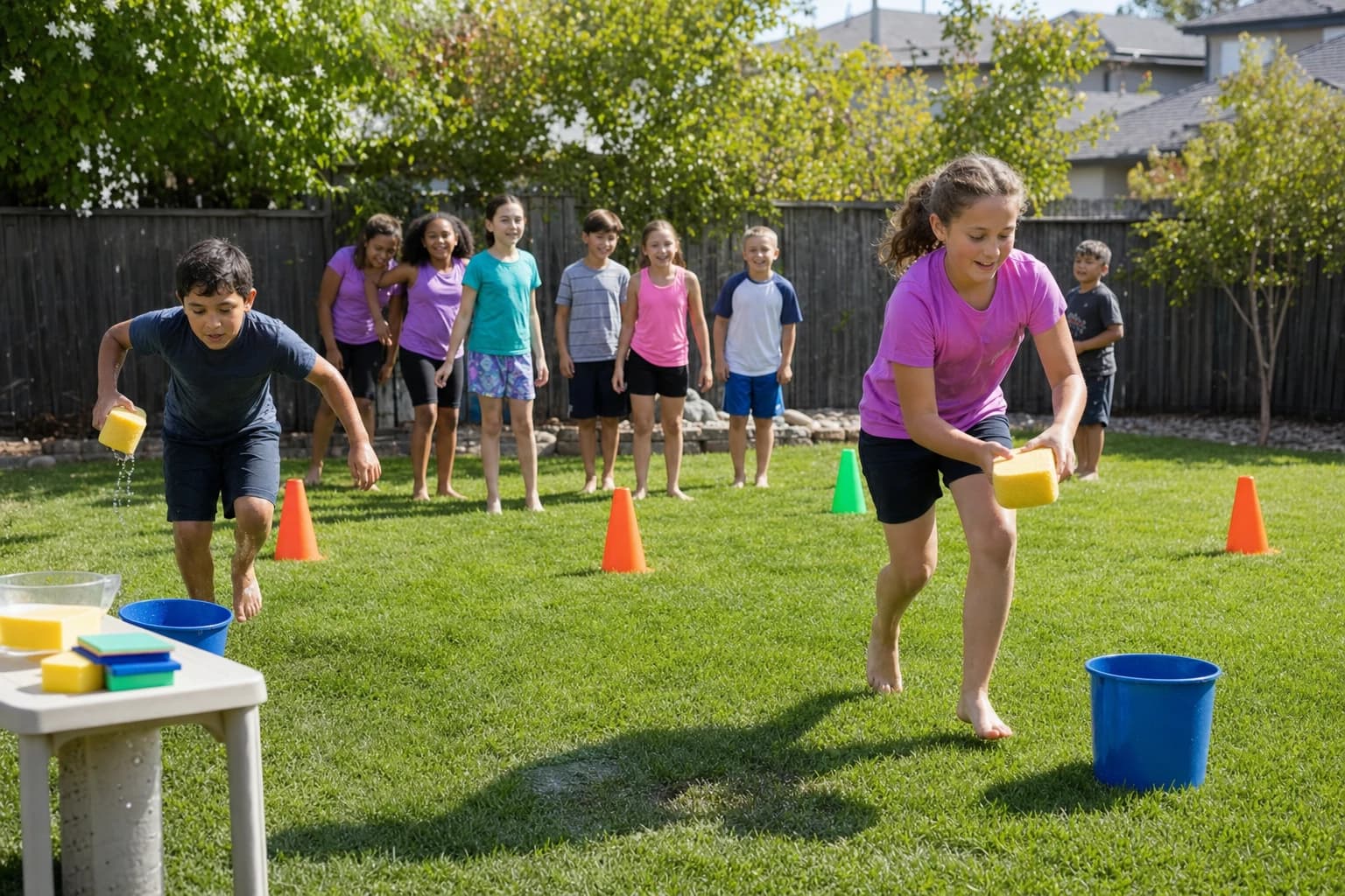 Kids playing outdoor birthday party relay games in a backyard with cones and buckets