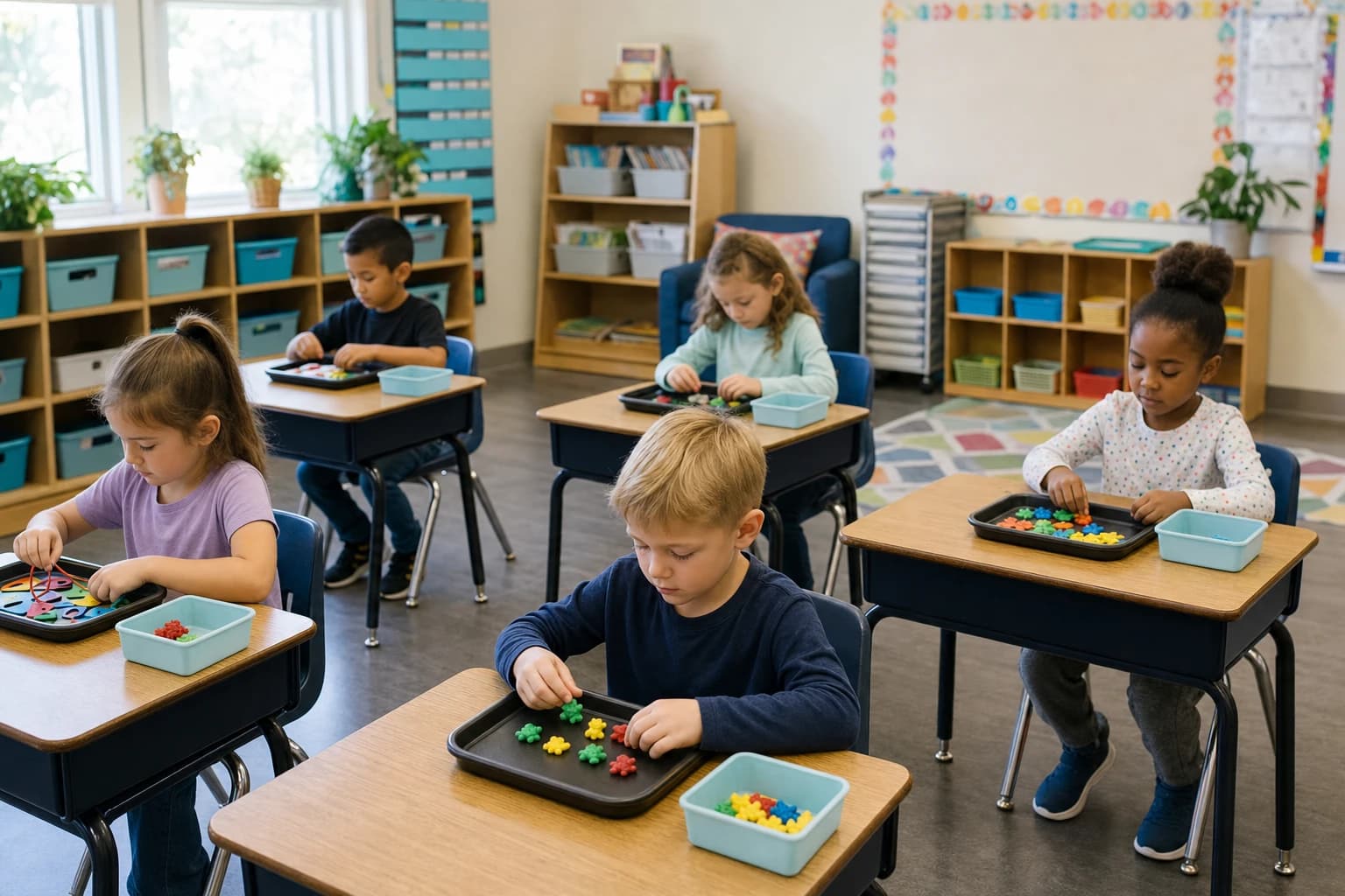 Kindergarten to second grade students using quiet early finisher game bins at desks