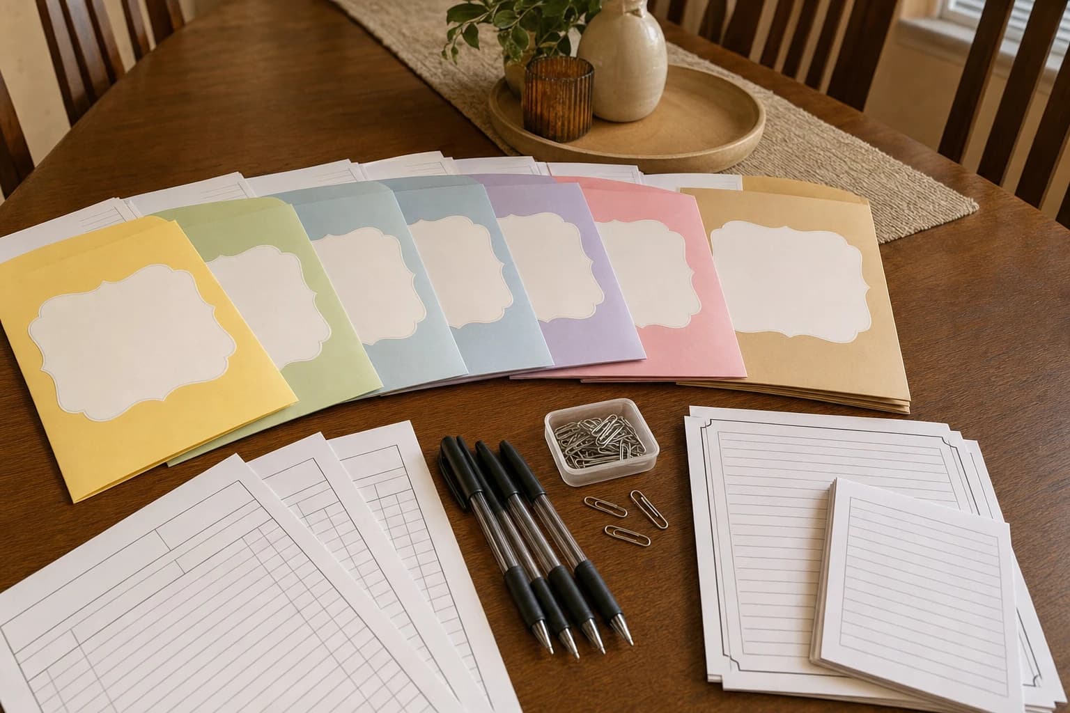 Labeled envelopes for birthday dinner game rounds with score sheets and answer key inside