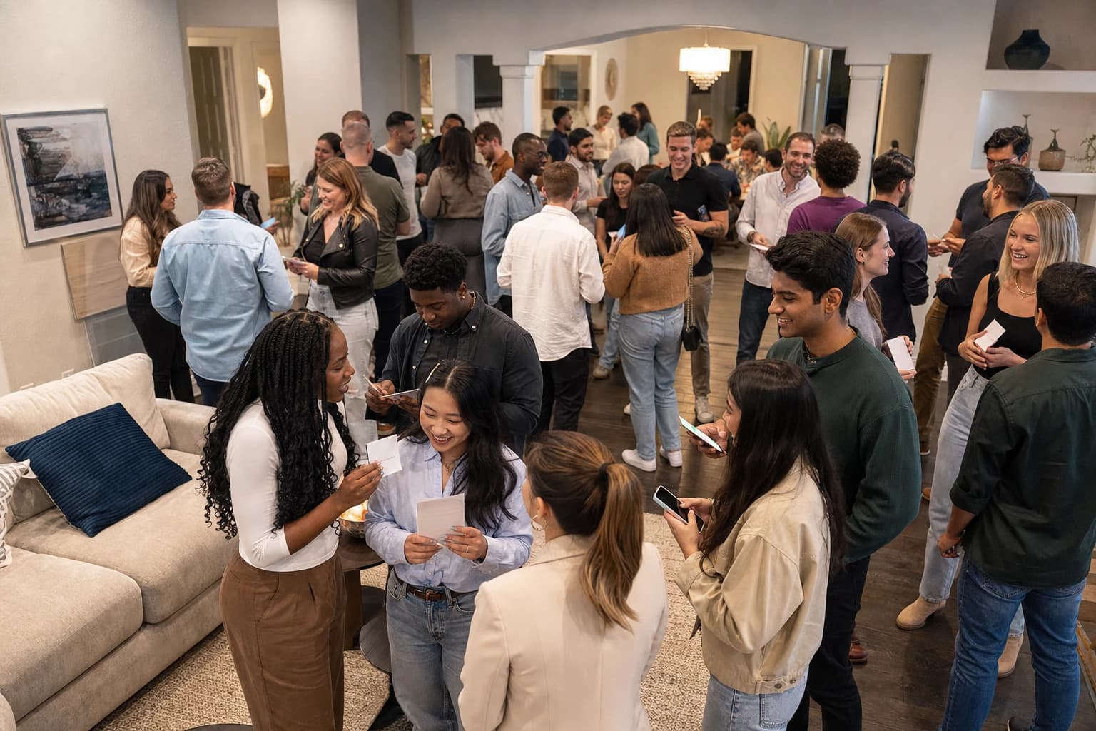 Large group of party guests playing a team game in a living room