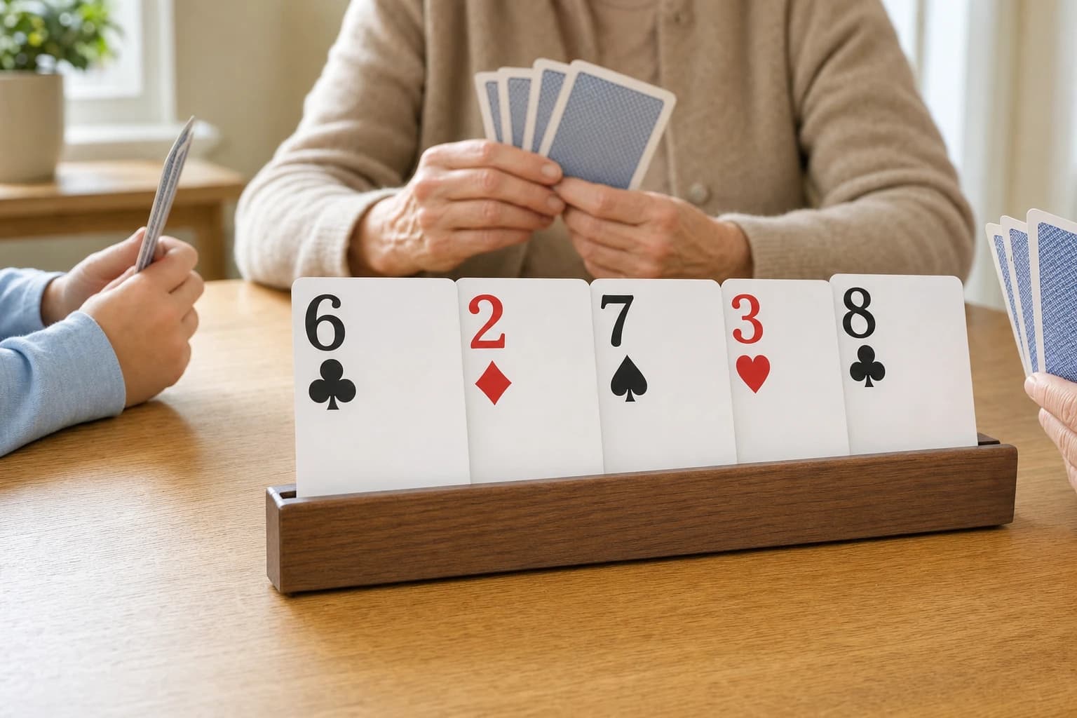 Large-print playing cards and a card holder on a well-lit table