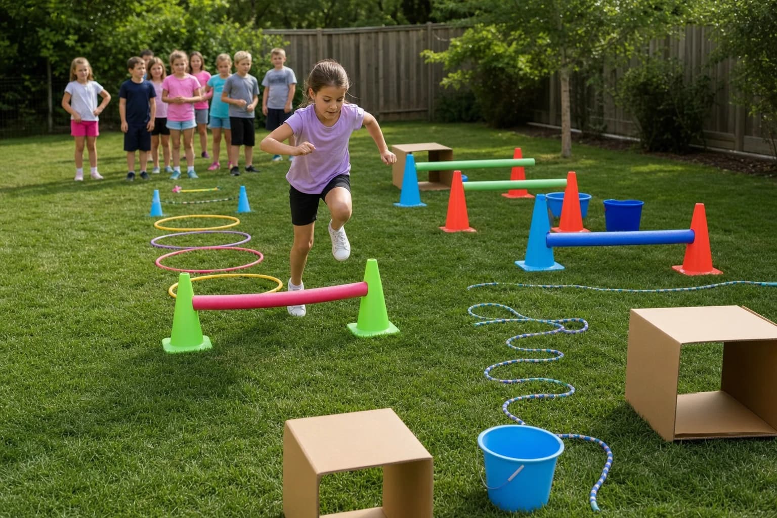 Low-cost backyard obstacle course with cones, hoops, pool noodles, and buckets for a kids birthday party