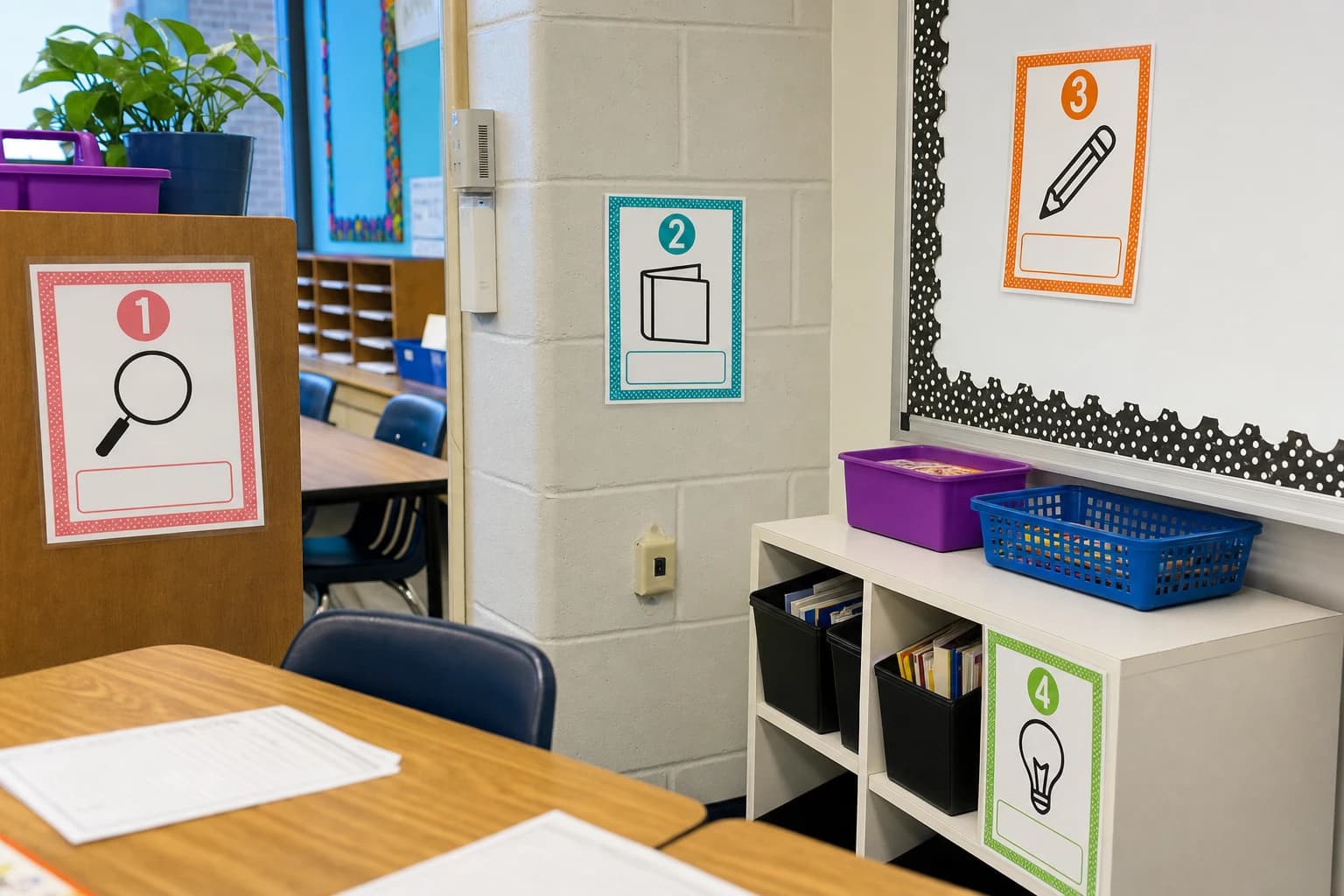 Numbered vocabulary scavenger hunt cards posted at classroom stations