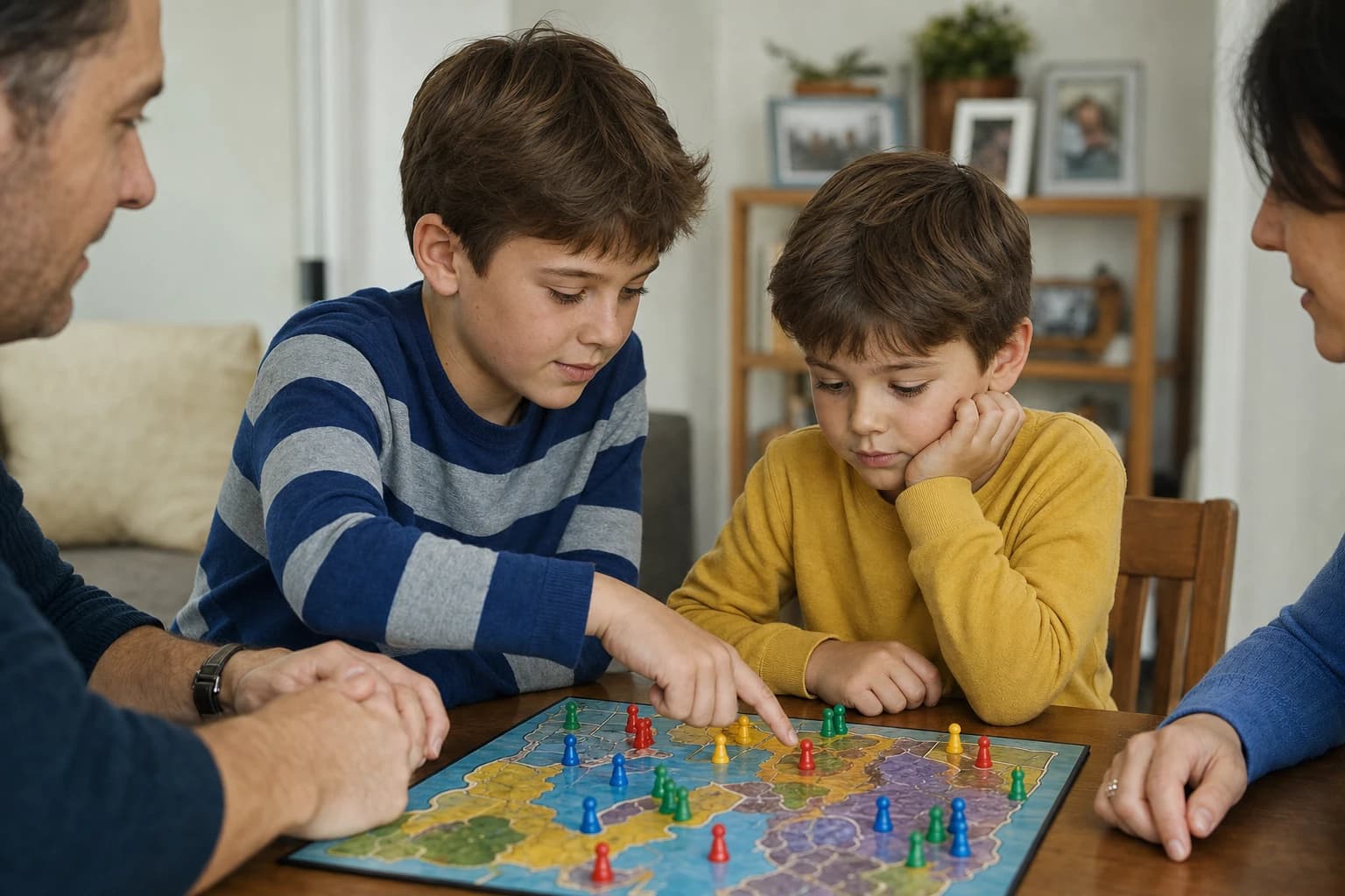 Older sibling helping a younger child choose between two board game moves