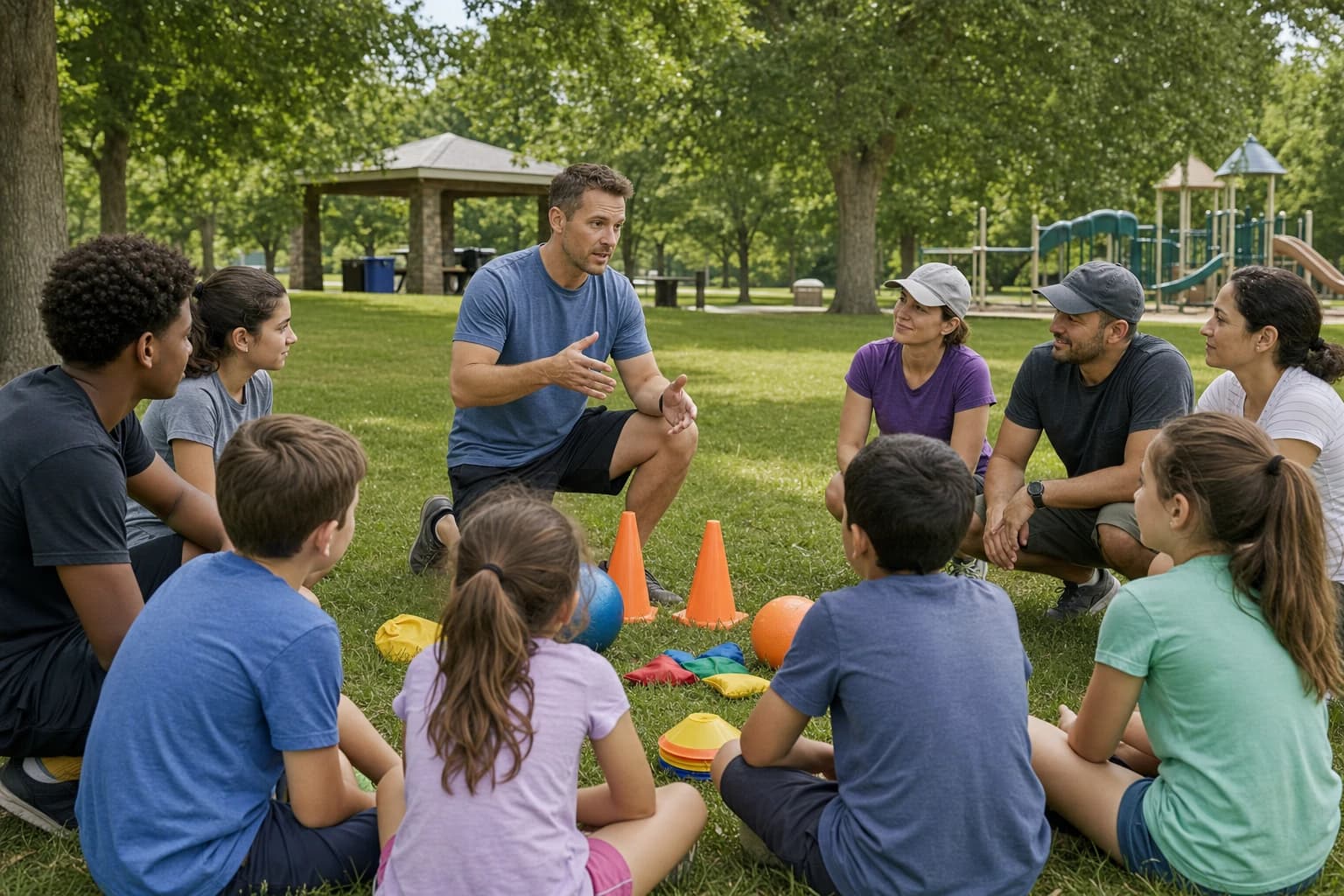 Organizer explaining simple outdoor game rules to children, teens, and adults