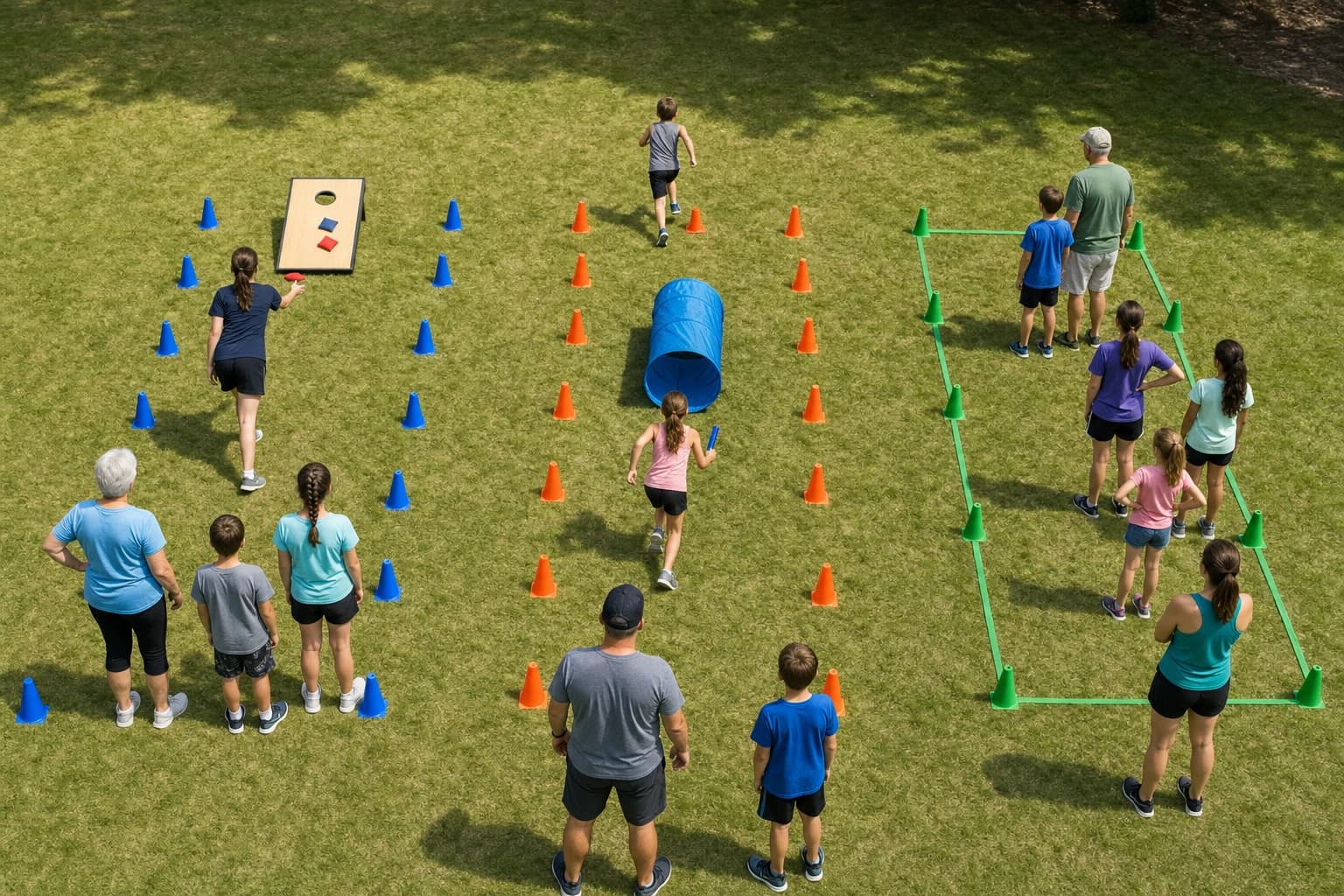Outdoor game setup with cones creating separate stations for mixed-age teams