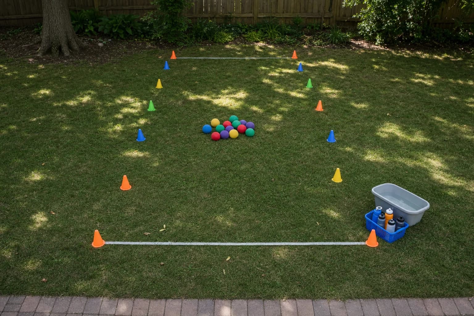 Outdoor game setup with cones marking safe boundaries and a water station at the side