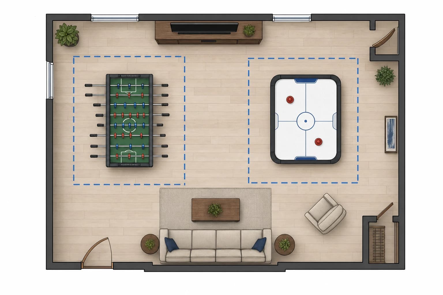 Overhead apartment floor plan showing clearance zones for foosball and air hockey tables