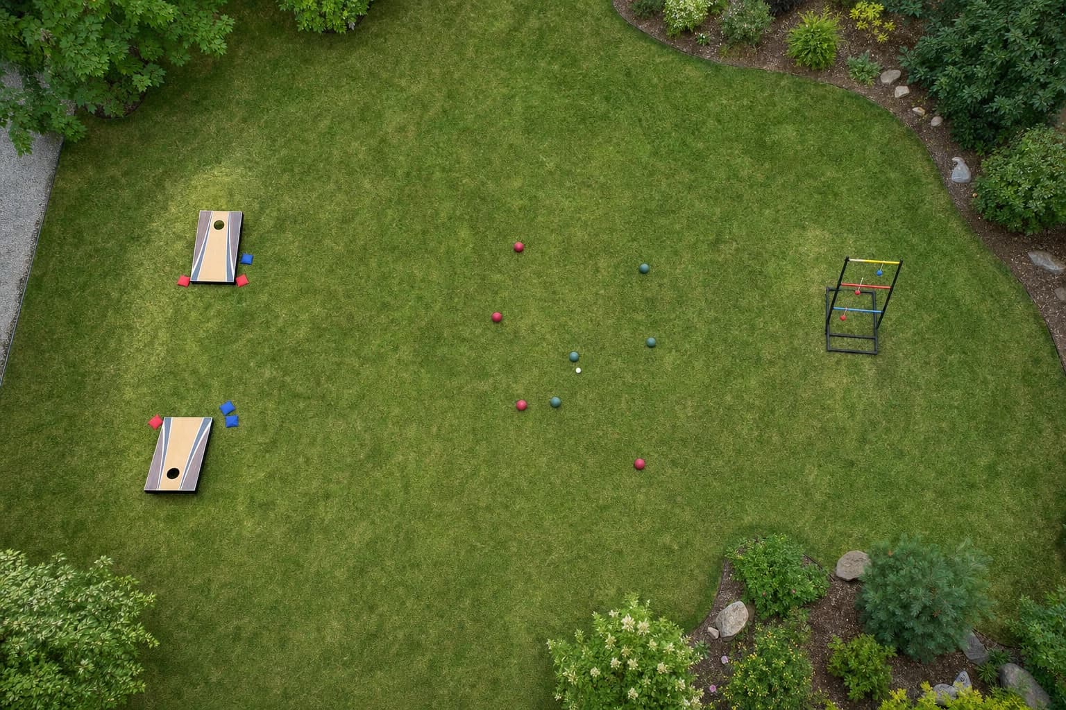 Overhead comparison of lawn game space needs for cornhole bocce and ladder toss