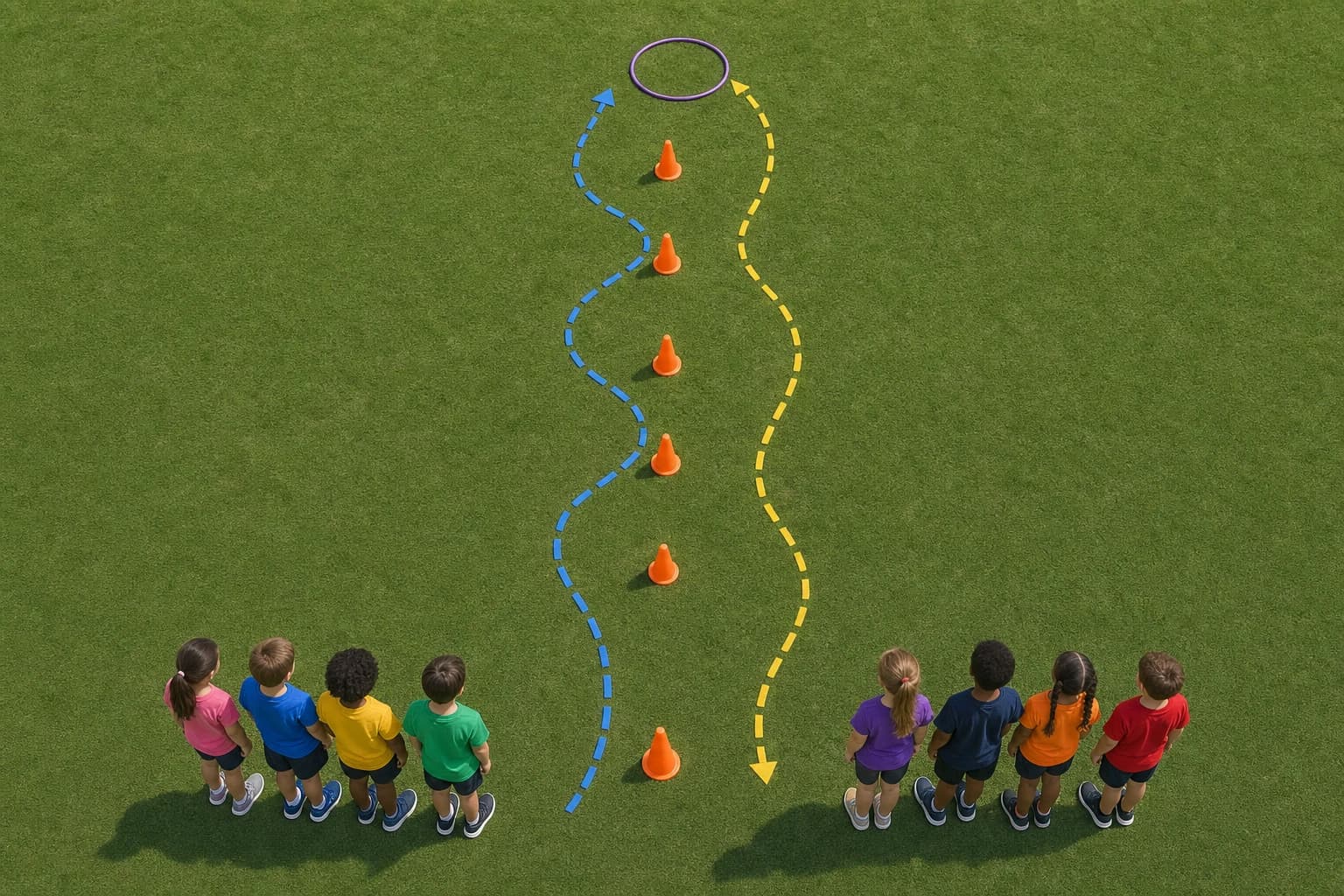 Overhead diagram of a cone weave relay lane with a start cone, five cones, a hula hoop target, and return path