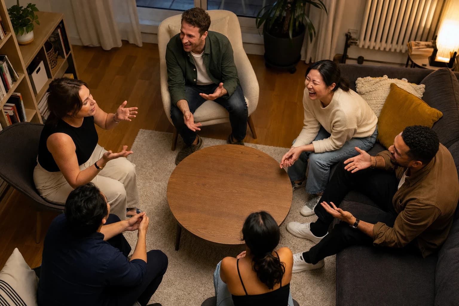 Overhead view of adults seated around a small coffee table with no game supplies