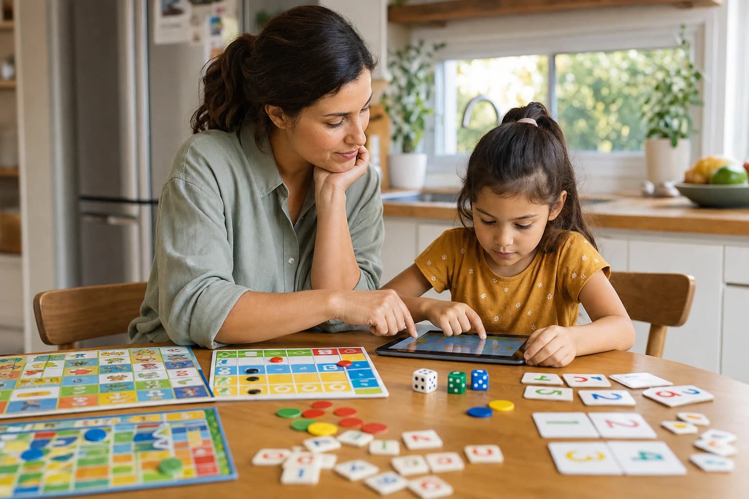 Parent and early elementary child comparing colorful educational board games and digital learning games at a table