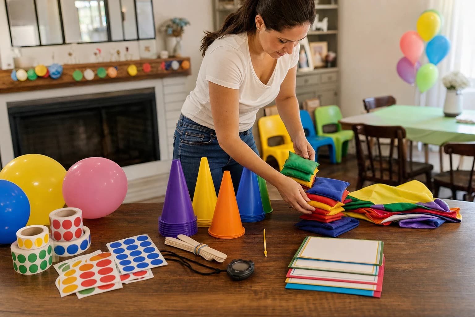 Parent arranging colorful party game cards and supplies on a table before a kids birthday party