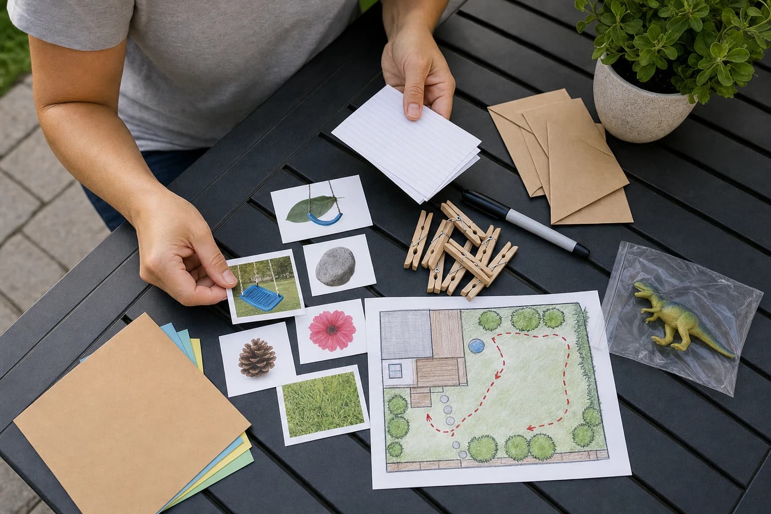 Parent arranging scavenger hunt clue cards, picture cards, and small backyard items on a patio table