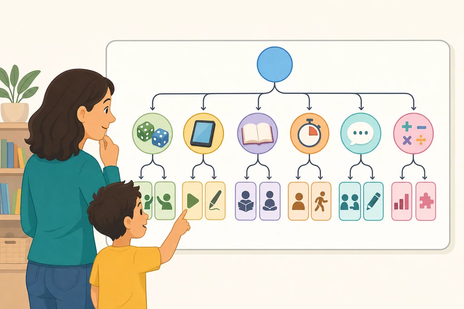Parent decision chart comparing board games and digital learning games for homework needs