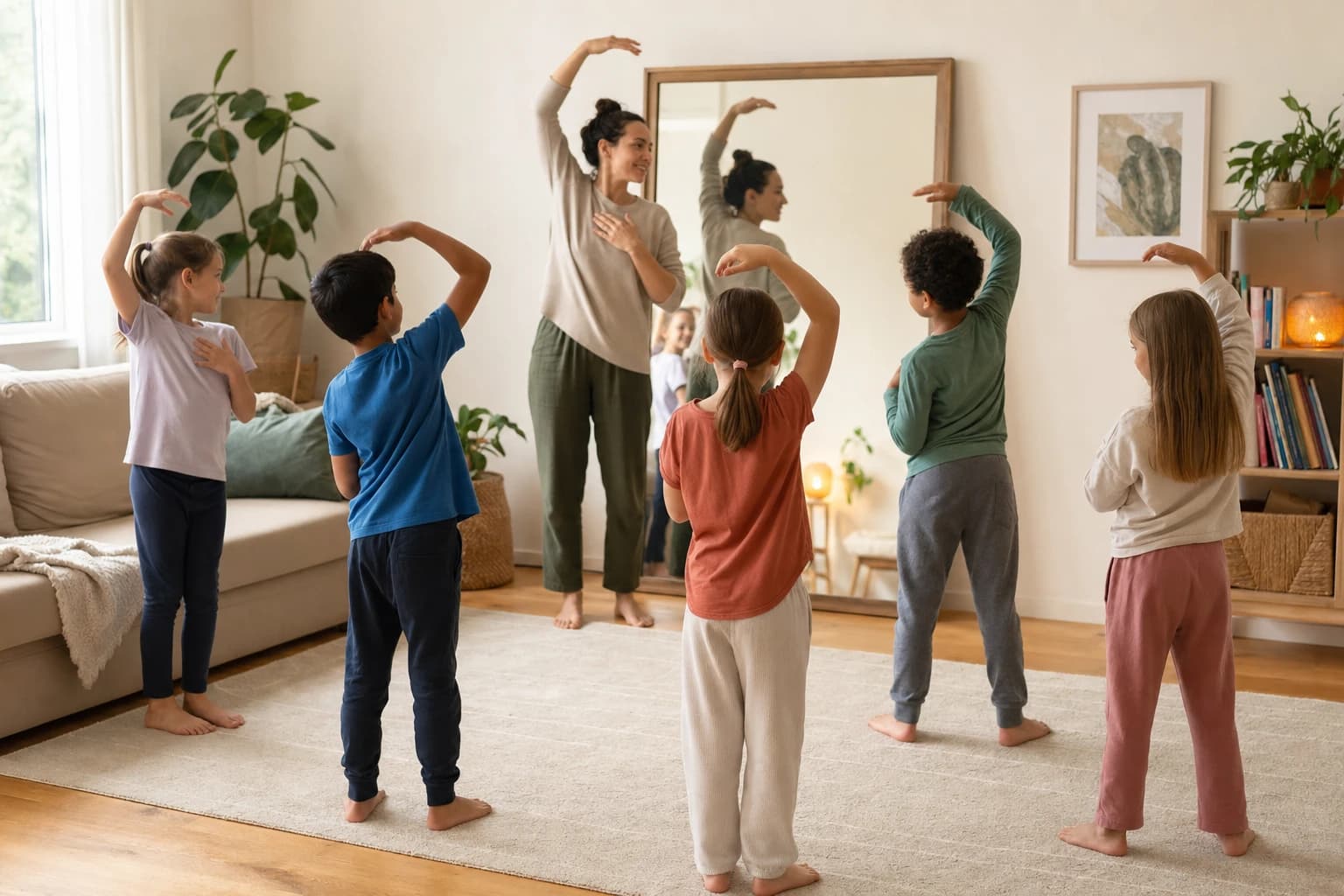 Parent guiding children through a calm no-equipment indoor game after active play
