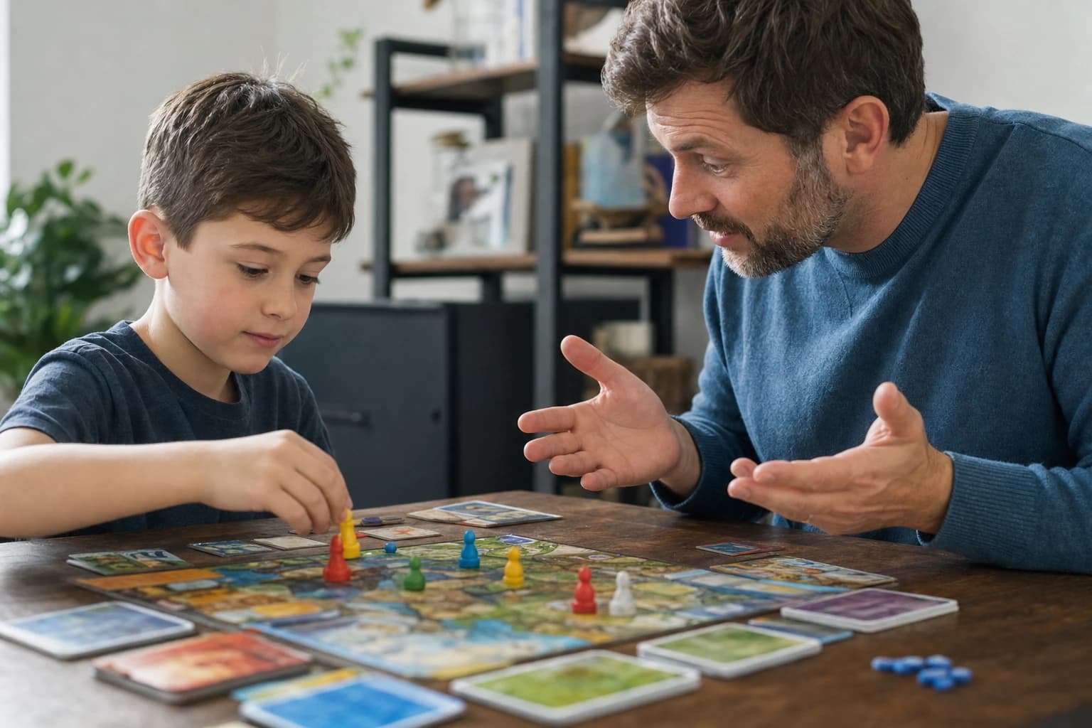 Parent using question cards to help children make decisions in a cooperative board game