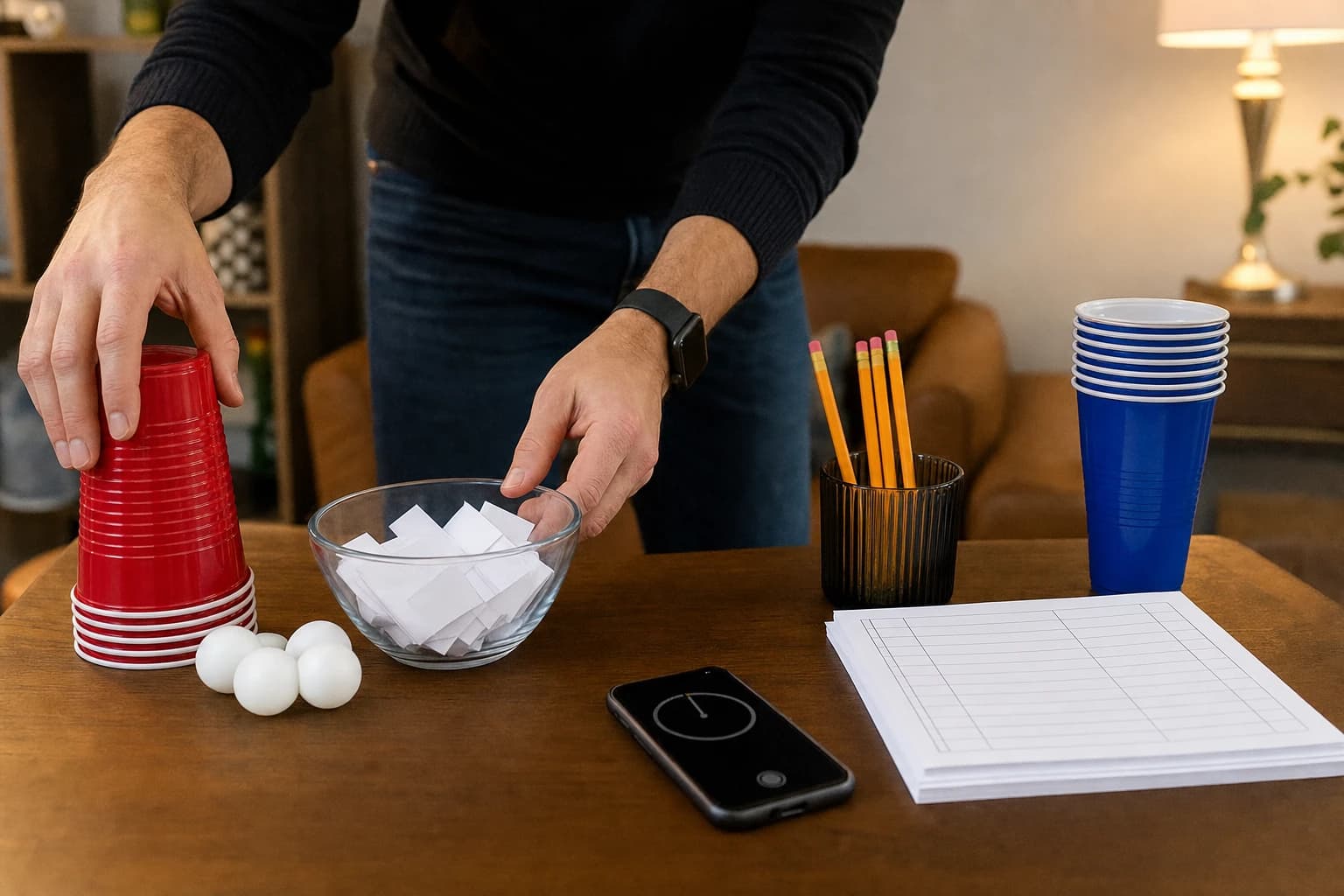Party host arranging cups, prompt slips, pencils, and trivia answer sheets on a table