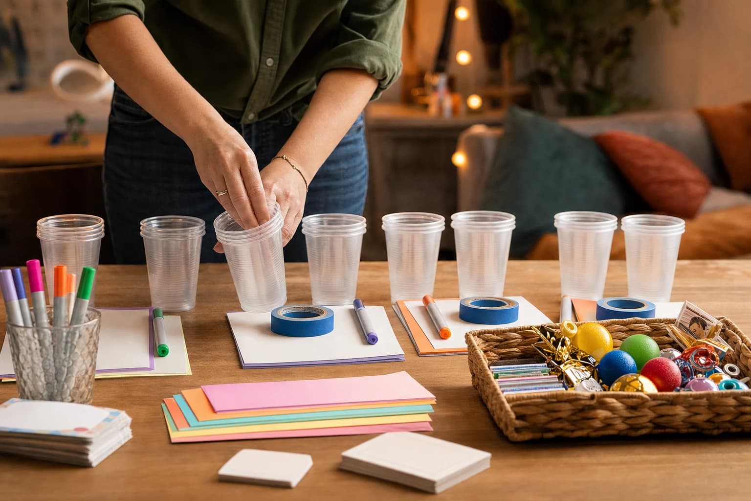 Party host arranging team game supplies on a table for a large group