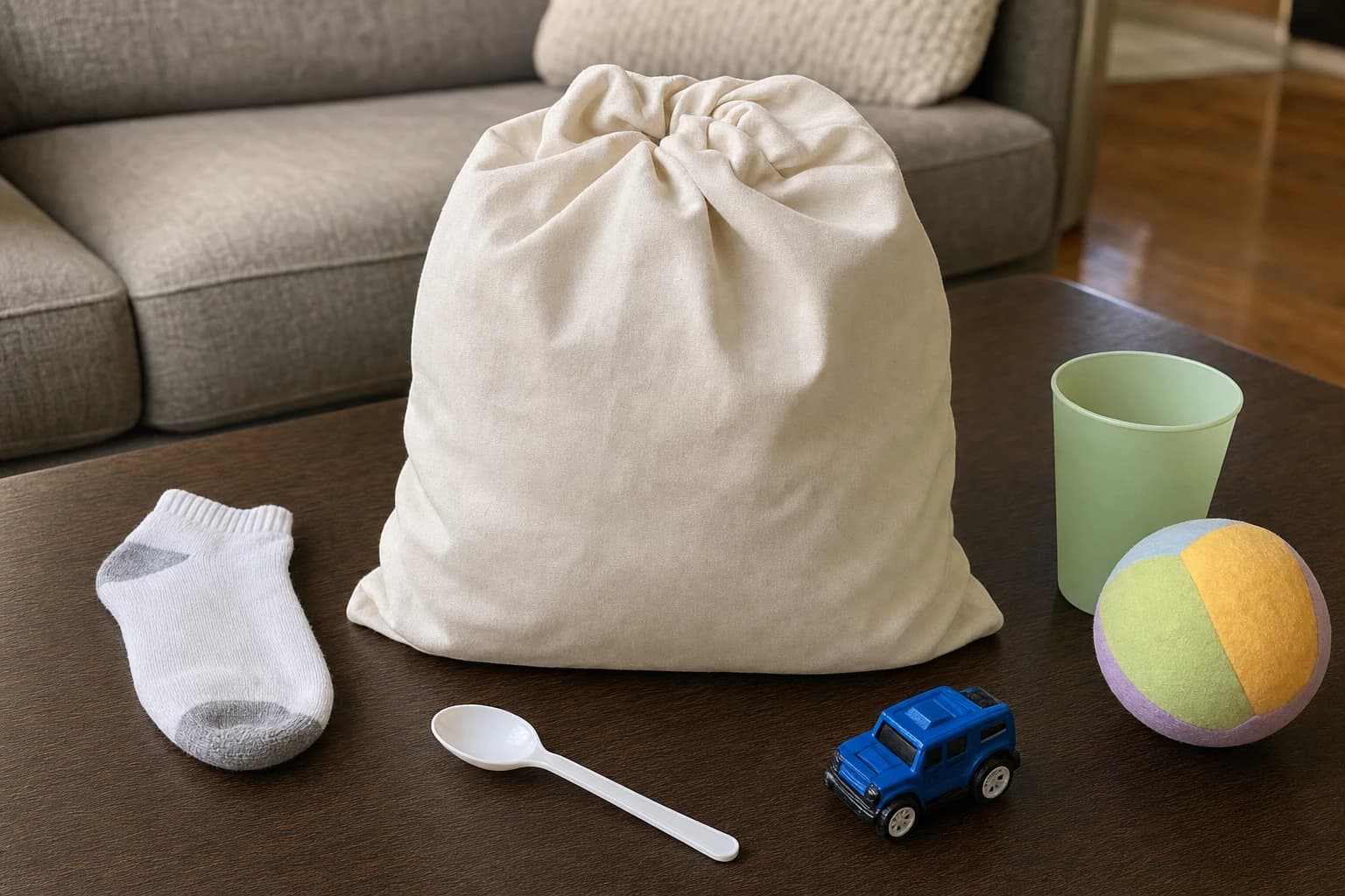 Pillowcase mystery bag with safe household objects on a coffee table for a low mess family game