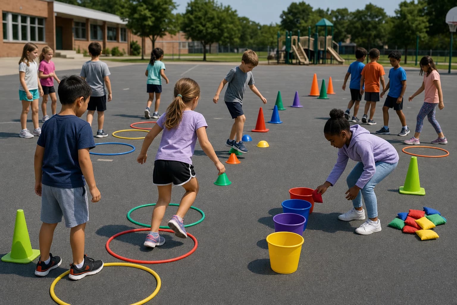Playground cones arranged into stations for a cooperative team challenge