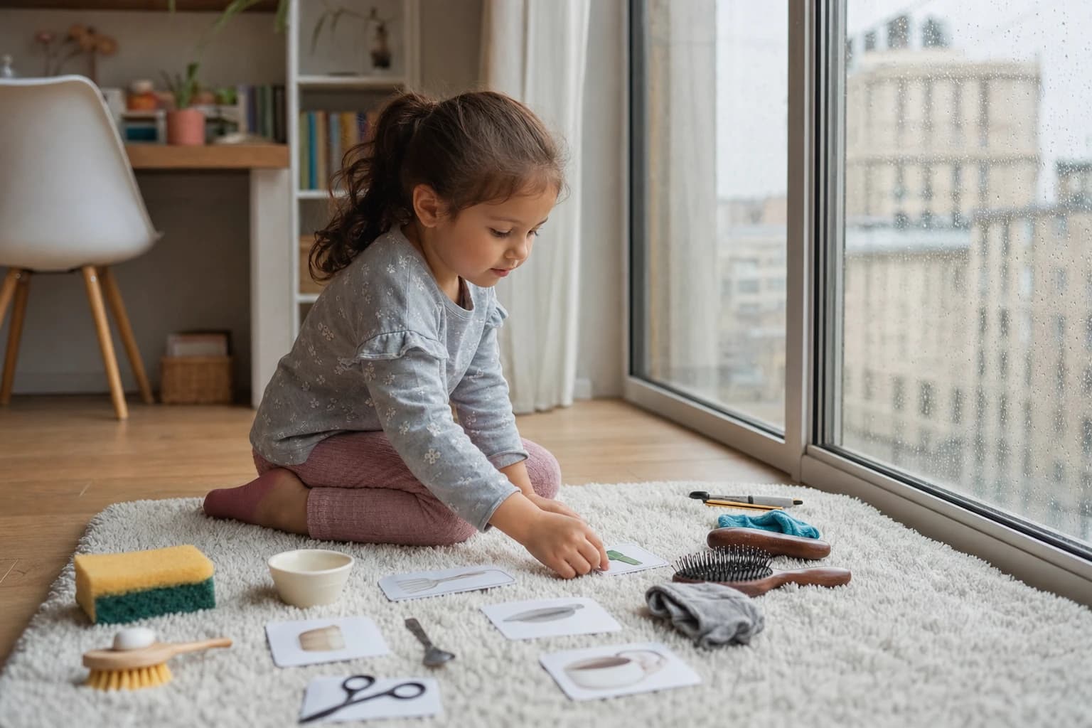 Preschool child playing a quiet matching game on a rug near a rainy window