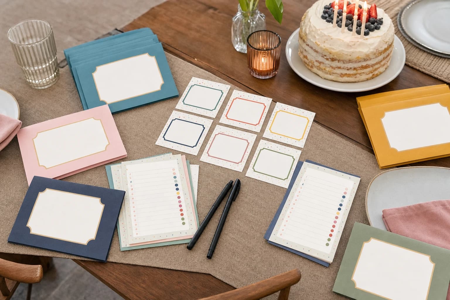 Printable birthday dinner party game kit with cards, score sheets, pens, and envelopes on a dining table