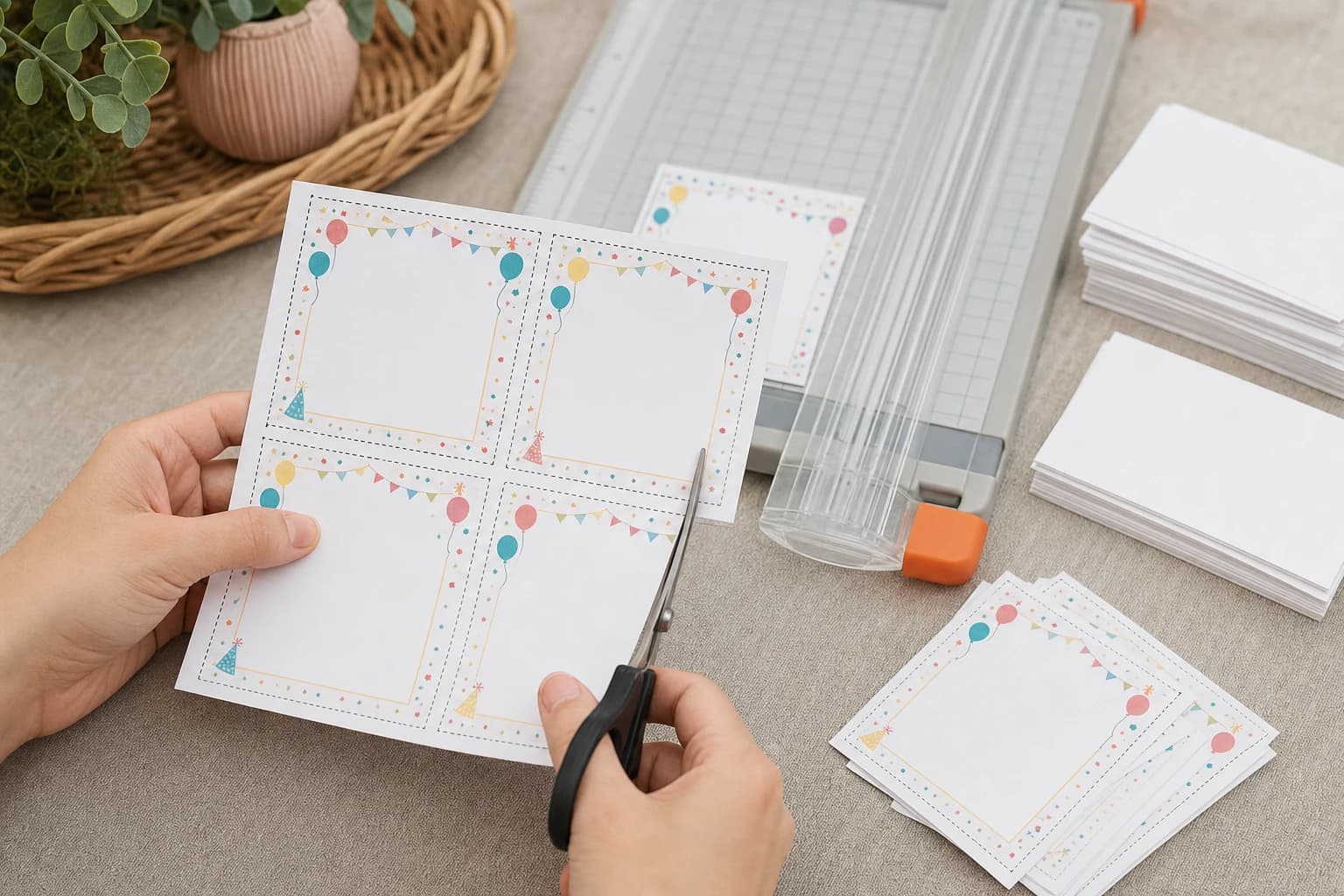 Printable birthday game prompt cards being cut from cardstock with scissors and a paper trimmer