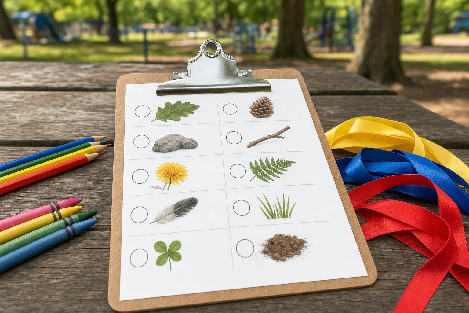 Printable park scavenger hunt card on a clipboard with pencils and team ribbons