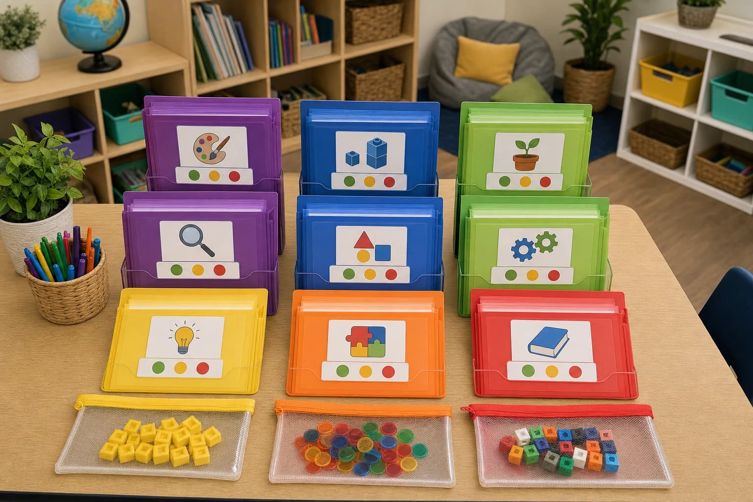 Quiet classroom table with elementary desk game folders organized by grade level and subject