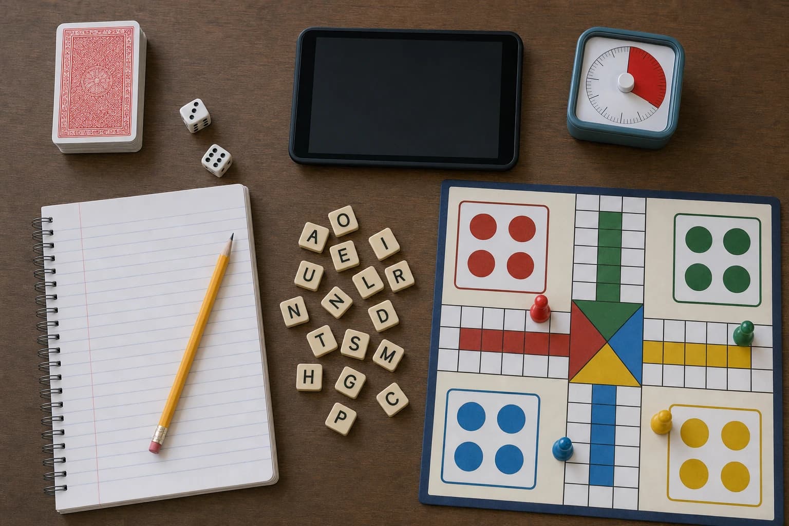 Simple homework practice setup with dice cards tablet timer and notebook