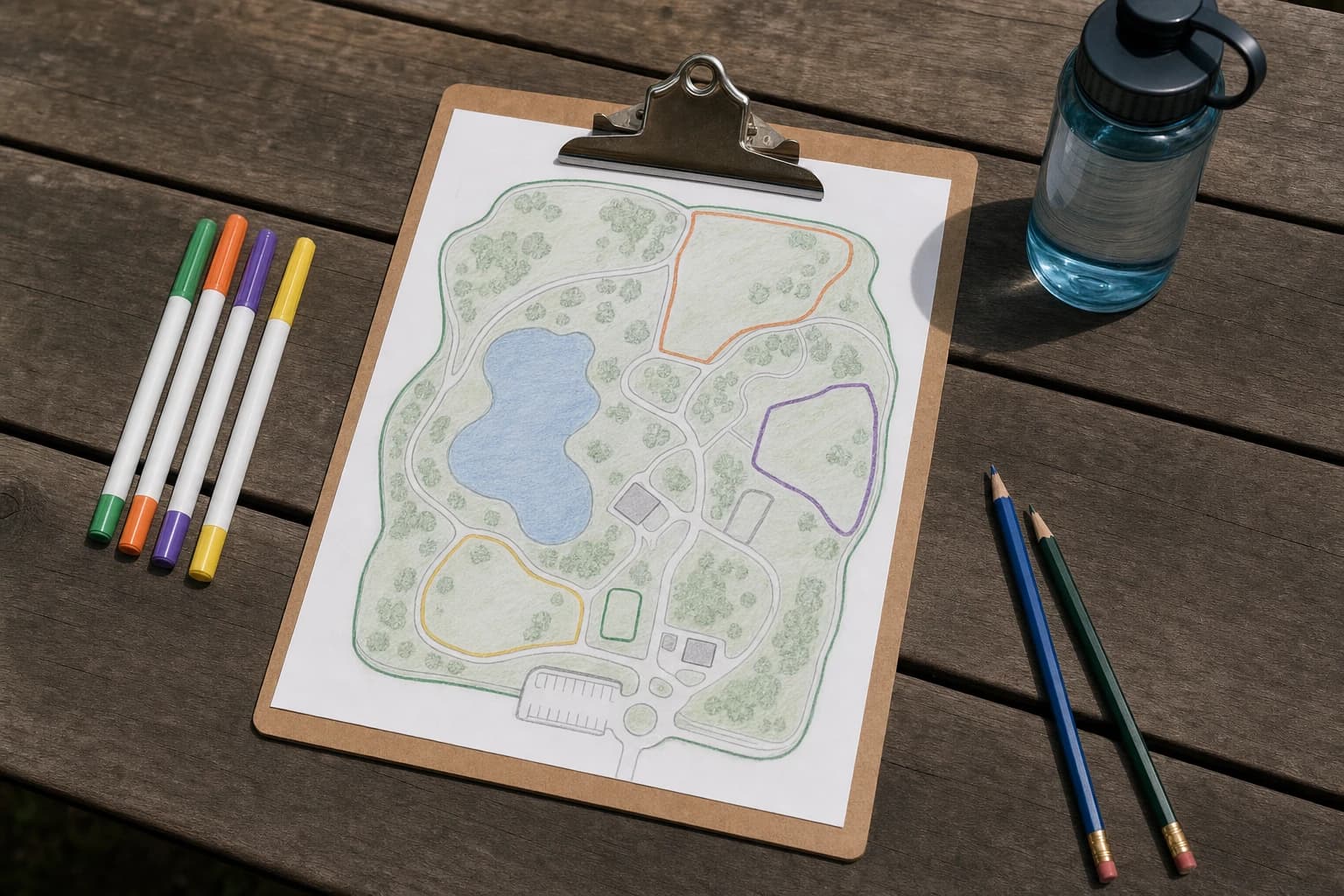 Simple park map with boundaries for a kids nature scavenger hunt