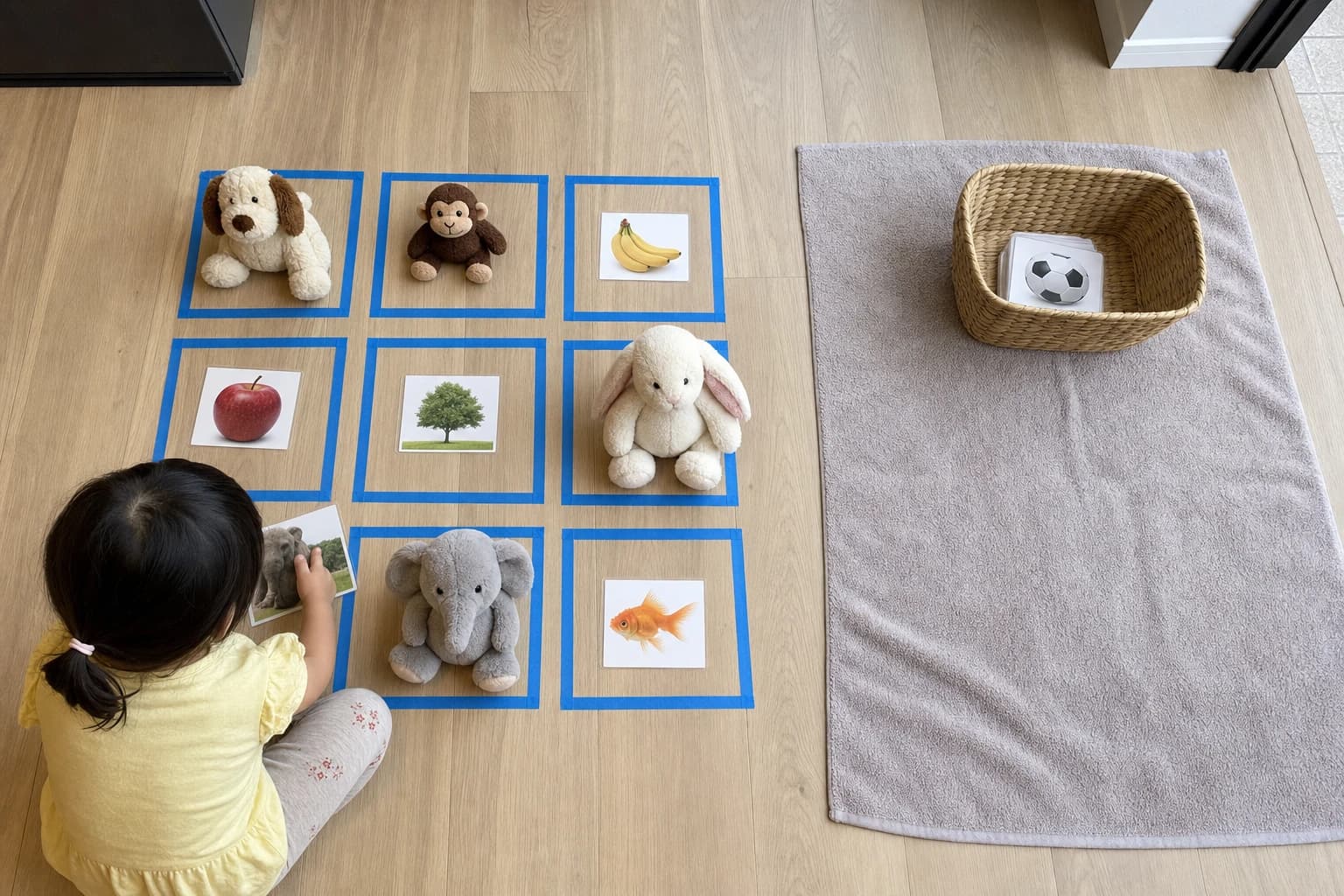 Simple rainy day game setup with painter's tape squares, soft toys, and sorting cards on the floor